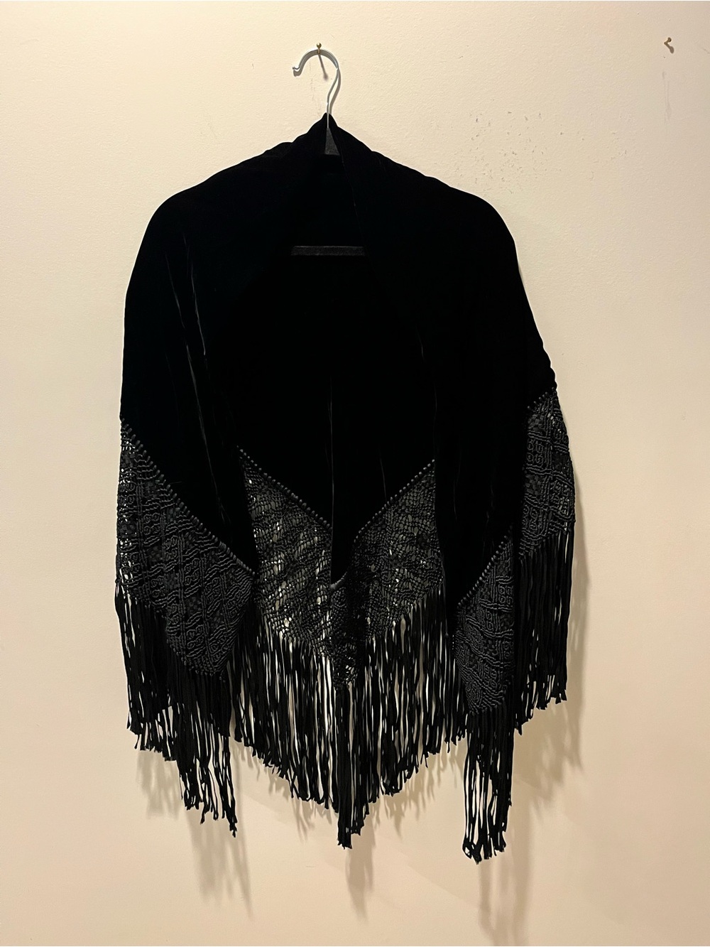Elegant Black Velvet Triangle Shawl Formal Evening Wrap Long Fringe